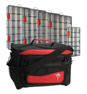 JARVIS WALKER LARGE LURE BAG WITH 5 LURE BOXES BLACK/RED